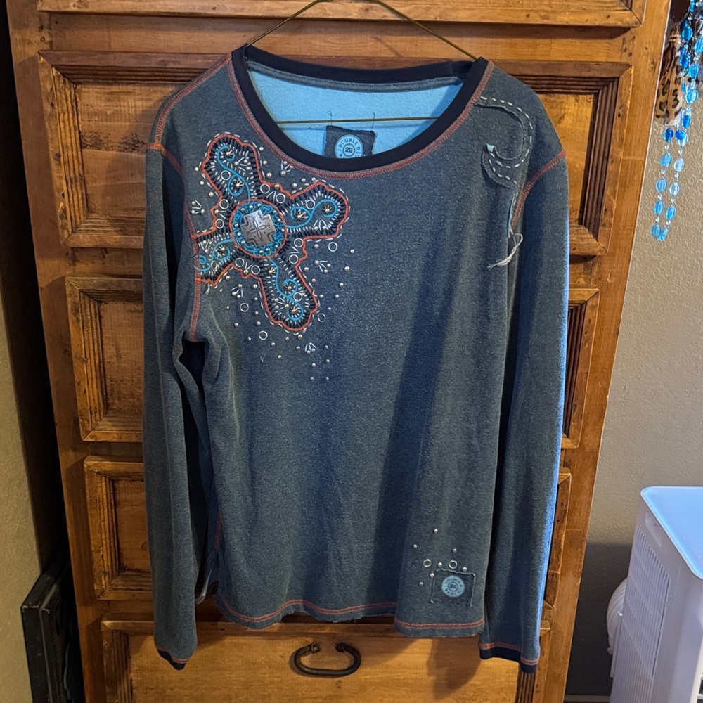 Double D Ranch Blue and Brown Top
